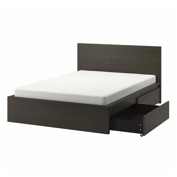 MALM High bed frame/2 storage boxes - dark brown veneer/Luröy Full