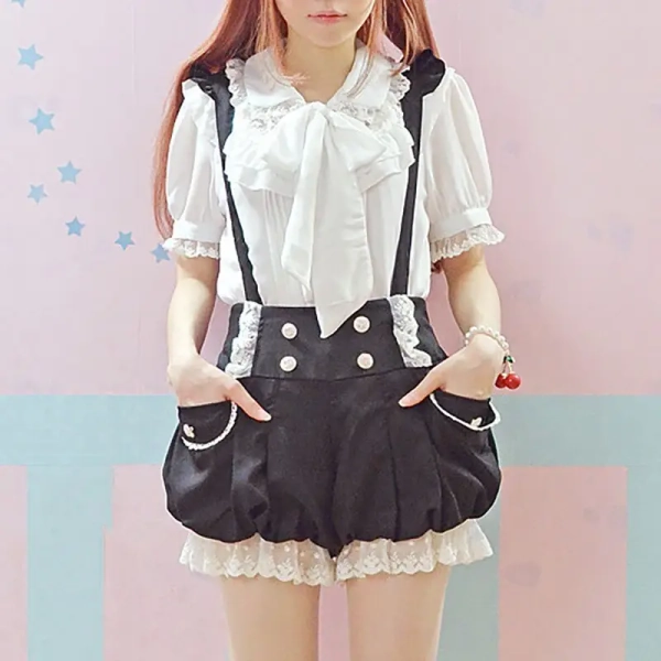 Black and White Bloomer-Style Shorts with Lace Ruffles and Pockets