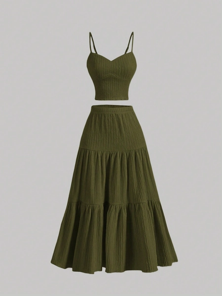 SHEIN MOD Women Summer Casual Solid Color Ribbed Fitted Camisole Top And Ruffle Hem A-Line Skirt Set