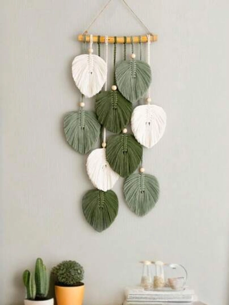 1pc Macrame Wall Hanging, Boho Style Wall Decor Tapestry, Handwoven Green Leaf Tassel Wallpaper