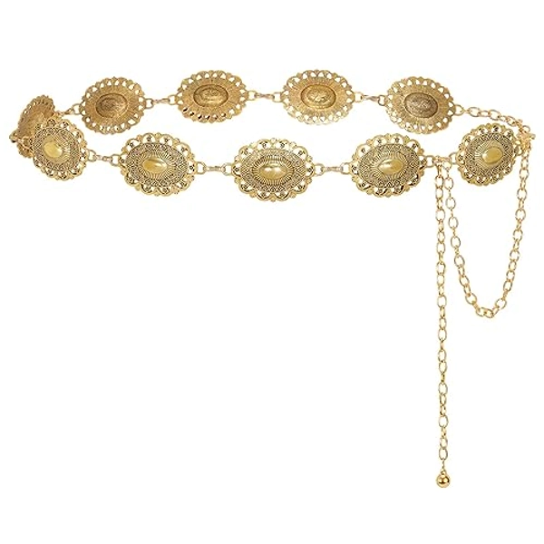 LEACOOLKEY Women Turquoise Concho Chain Waist Belt Silver Western Cowgirl Metal Chain Belt for Dress Adjustable