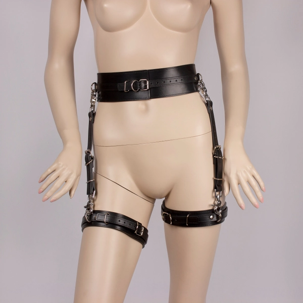 Premium Handmade BDSM Black Leather Set : Belt, Thigh Cuffs, Garters(pair)