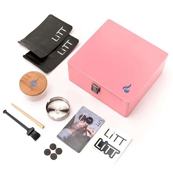 LITT Original Stash Box: Premium Wooden Storage Rolling Box with Airtight Smell-Proof Container, Bags Tray, and More – The Ultimate Lockable Storage Box for Organising Your Stash in Style | Pink