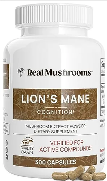 Real Mushrooms Lion’s Mane Capsules - Organic Lions Mane Mushroom Extract for Cognitive Function & Immune Support - Brain Mushroom Supplements for Memory and Focus - Vegan, 300 Caps