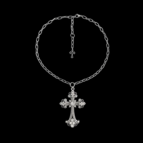 w𝔬𝔯𝔰𝔥𝔦𝔭 𝔪𝔢༻ Rhinestone Gothic Cross Necklace: Silver Stainless