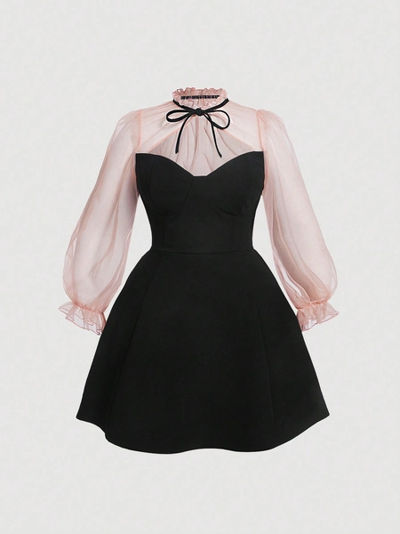 SHEIN MOD Plus Contrast Mesh Flare Sleeve Tie Neck Dress,Sheer