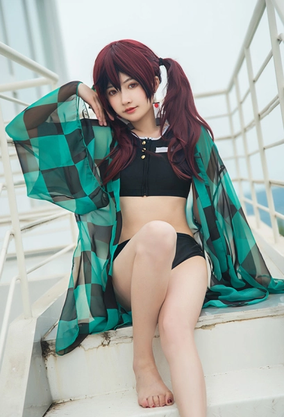 Miccostumes Swimsuits Bikini Set Back Prints Top and Bottoms Two-Piece Bathing Suit Swimwear with Black and Green Plaid Kimono Haoori Cover Up
