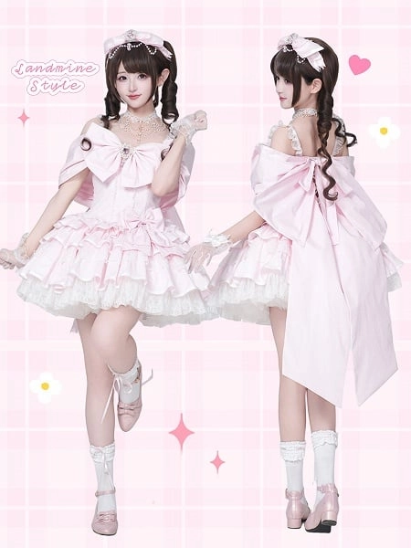 [$88.00]Ready to Ship Sweet Pink Big Bow Bodice Princess Lolita Tiered Ruffles Puffy Dress Oversized Bow Design Back
