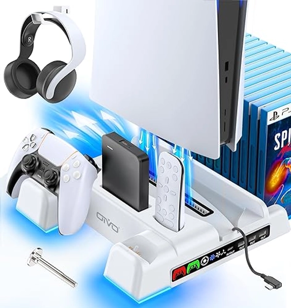PS5/Slim/Pro Stand and Cooling Station with LED Controller Charging Station for PlayStation 5 Console, Controller Charger, Cooling Stand, PS5/Slim/Pro Accessories Kit with 3 Level Cooling Fan