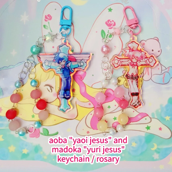 Yaoi & Yuri Jesus Seragaki Aoba + Kaname Madoka Keychain / Rosary (3" Holographic Acrylic) (PRE-ORDER)
