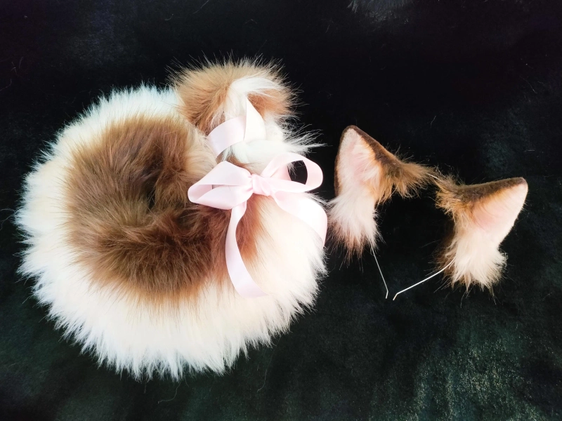 PREORDER Brown & White Puppy Dog Ears Headband and Curled Tail, Floppy ears Animal play Cosplay Animal Costume Anime Character