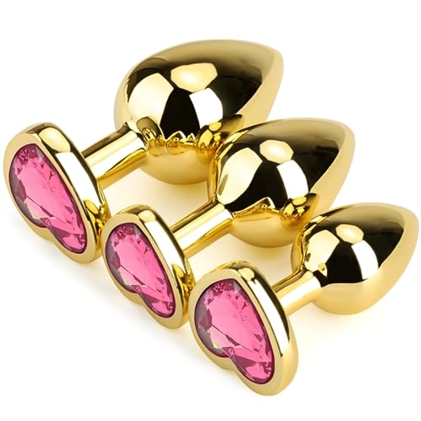 HISIONLEE Anal Plug 3PCS Sex Toys Anal Training Set Metal Butt Plug Adult Trainer Kit Toy with Crystal Diamond S&M Adult Gay Anal Plugs Toy for Beginners Couples Women Men Unisex(Gold-Pink)