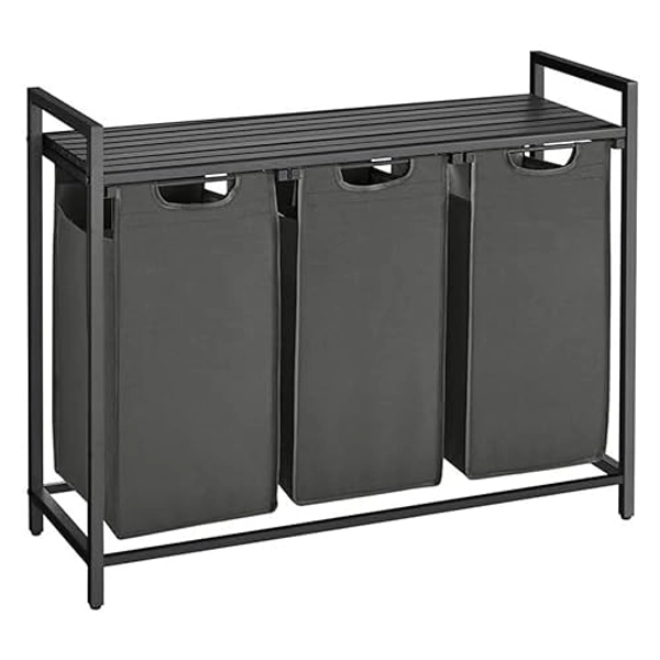 VASAGLE Laundry Hamper, Laundry Basket, Laundry Sorter with 3 Pull-Out and Removable Bags, Shelf, Metal Frame, 3 x 10 Gallons (38L), 36.4 x 13 x 28.4 Inches, Black and Gray UBLH301G01
