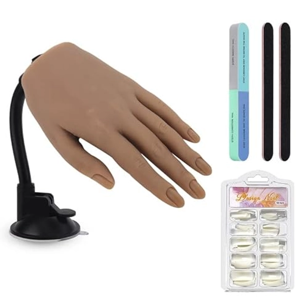 Yokilly Übungshand Für Nageldesign: Flexibel Silikon Hand mit 100 Stück Nagelspitzen Tips Für Gelnägel - Professionelle Fake Training Falsche Nägel Hand (Linke Hand Mit Klammer)