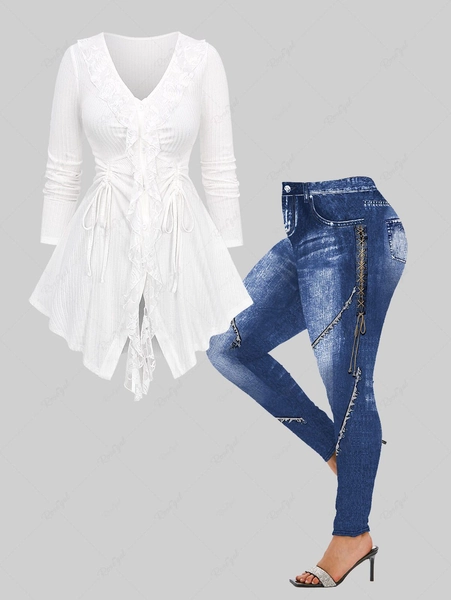 Floral Lace Trim Ruffles Cinched Button Up Textured Ribbed Sweater and 3D Denim Lace Up Pockets Topstitching Buttons Printed Skinny Leggings Plus Size Outfit