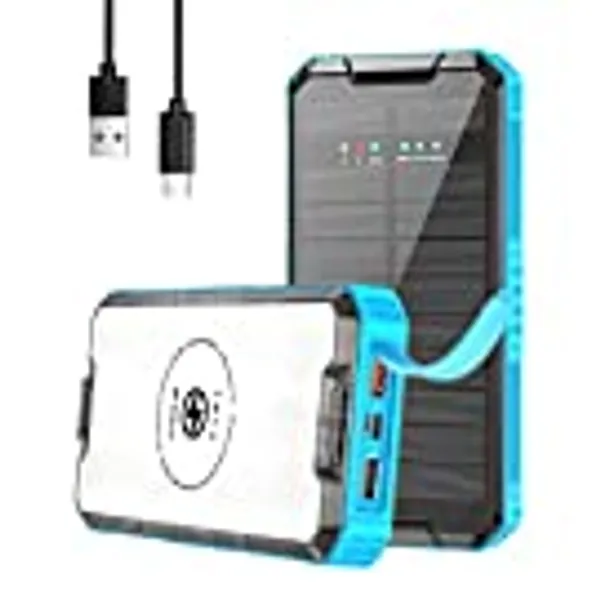 PD 20W Solar Powerbank 30000mAh Schnellladegerät Solar Ladegerät Handy, Wireless Power Bank 10W mit USB/Typ C Ausgang, LED Camping Licht, IP67 Wasserdicht, Geeignet für Handys, Tablets, Outdoor