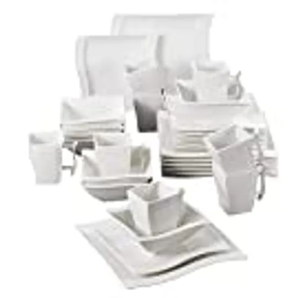 MALACASA, Serie Flora, Tafelservice 32-teilig Kombiservice Cremeweiß Porzellan Geschirrset mit je 8 Schüsseln 8 Dessertteller 8 Speiseteller 8 Becher für 8 Personen