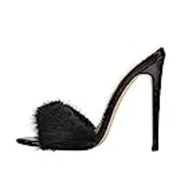 Only maker Damen Pantoletten Plüsch Sandaletten Satin Fur Stiletto Absatz Sandalen