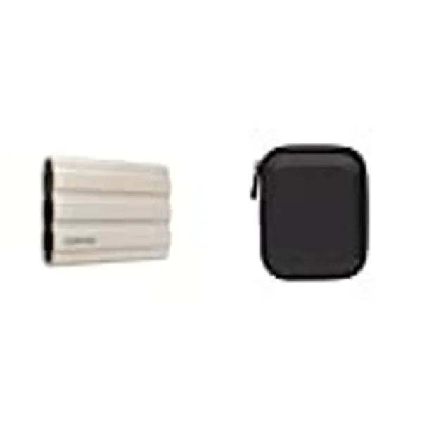 Samsung Portable SSD T7 Shield (MU-PE2T0K/EU), 2 TB, USB 3.2 Gen.2, 1.050 MB/s Lesen, 1.000 MB/s Schreiben, Beige + Amazon Basics Festplattentasche, schwarz