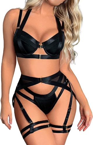 Kaei&Shi Strappy Harness, All Adjustable, Underwire Racerback, 4pc Garter Set - Black 4-6