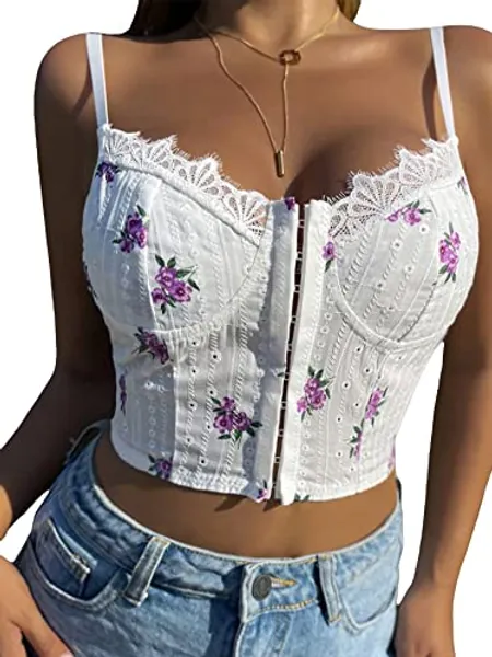 SHENHE Women's Corset Tops Spaghetti Strap Cami Crop Tank Top Mesh Floral Embroidery Bustier Camisole