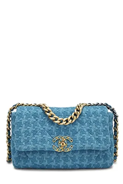 Chanel, Pre-Loved Blue Quilted Tweed 19 Flap Bag Medium, Blue