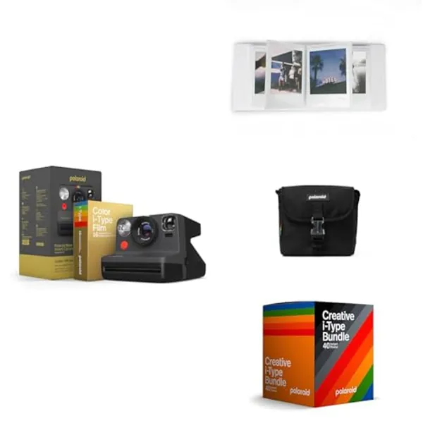 Polaroid Ultimate Bundle - Now Camera (Black) with Gold Film (16 Photos) + Small Photo Album (White) + Camera Bag (Black) + i-Type Film Creative Pack (40 Photos)