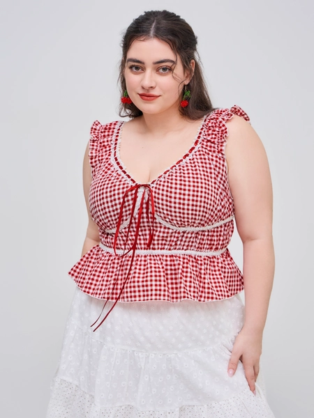 Cotton-blend V-neck Gingham Knotted Short Sleeve Blouse Curve & Plus