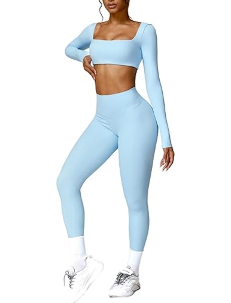 ABOCIW Workout Sets for Women 2 Piece Square Neck Long Sleeve Crop Tops High Waist Flared Leggings Gym Sets