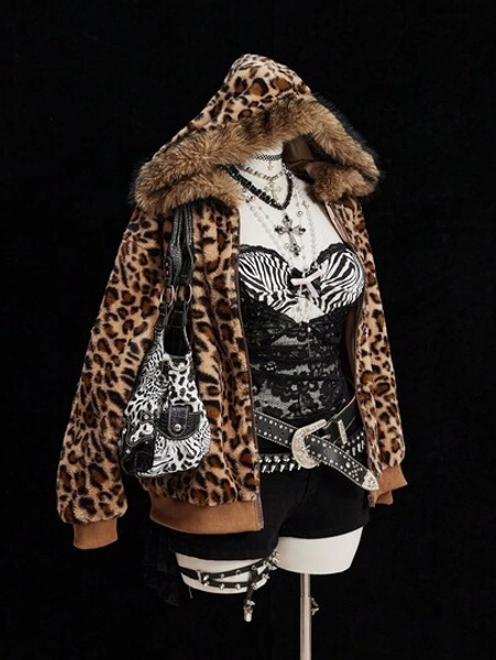 Sweetra Leopard Faux Fur Minimalist Hat & Short Vintage Casual Jacket Winter Fall Autumn