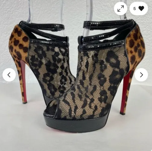 {Christian Louboutin} Bridget Leopard and Lace Peep Toe Booties, Size 38