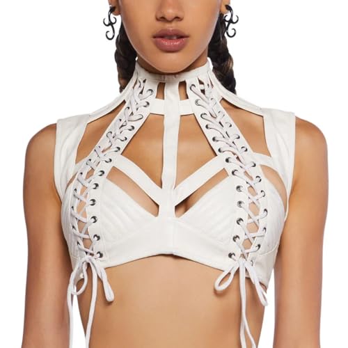 Dolls Kill Rude Awakening Harness Bra Top by Club Exx - Vegan Leather, Lace-Up, Cropped Fit - Perfect for Festivals - Small - White
