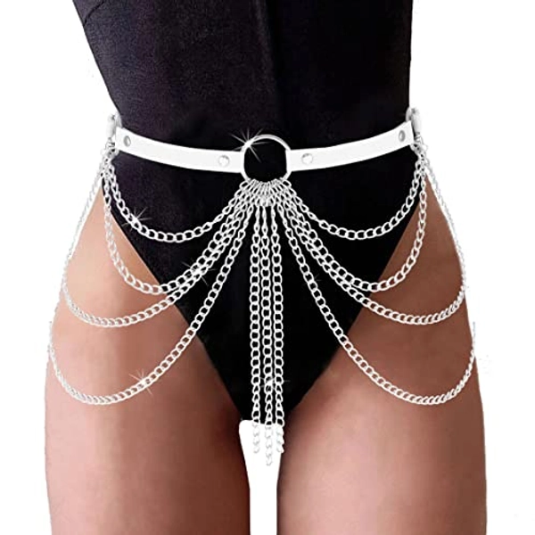Cosydays Punk Waist Chain Belt Leather Body Chains Harness Tassels Ring Goth Belly Jewelry Layered Adjustable Party Rave Outfits Body Jewelry Accessoires for Women and Girls (White)
