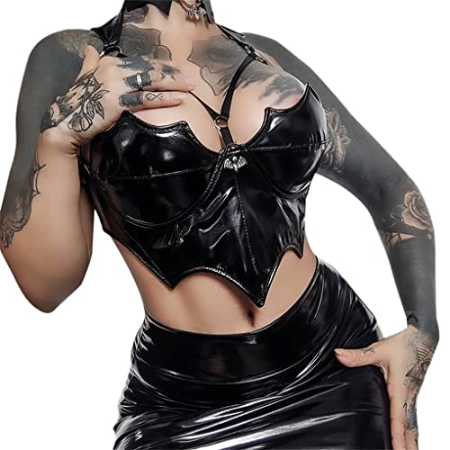 Women Bandage Tank Tops Gothic Grunge Vintage Streetwear Sleeveless Sexy Mesh Ruch Ruffle T-Shirts - Goth Leather Tops for Women - Medium