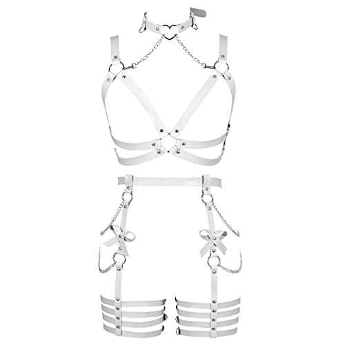 BANSSGOTH Womens Harness Leather Body Chain Bowknot Lingerie Garter Belts Set Hollow Out Christmas Dance Fashion Clothing - White