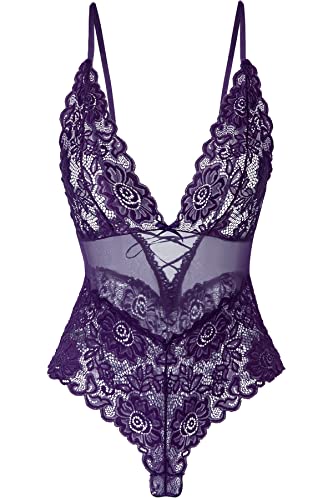 ADSEXY Lingerie for Women Sexy Lace Teddy Bodysuit See Through Floral Mini Babydoll Deep V Neck Underwear One Piece - Medium - Purple