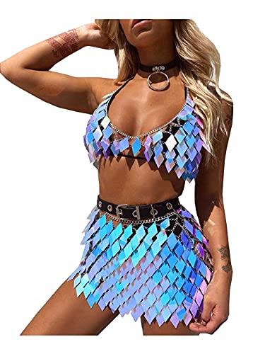 Fstrend Sequins Tassels Body Chain Outfits Bra Skirt Bikini Rave Festival Party Beach Fashion Clubwear Accessories Jewelry for Women - Laser pink purple gradient