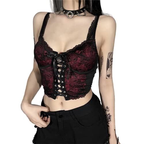 Women Bandage Tank Tops Gothic Grunge Vintage Streetwear Sleeveless Sexy Mesh Ruch Ruffle T-Shirts - Red - Small