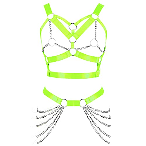 Body Chain Harness for Women Lingerie Full Cage Chest Strap Garter Punk Goth Stretchy Fabric Halloween Rave - Fluorescent Green