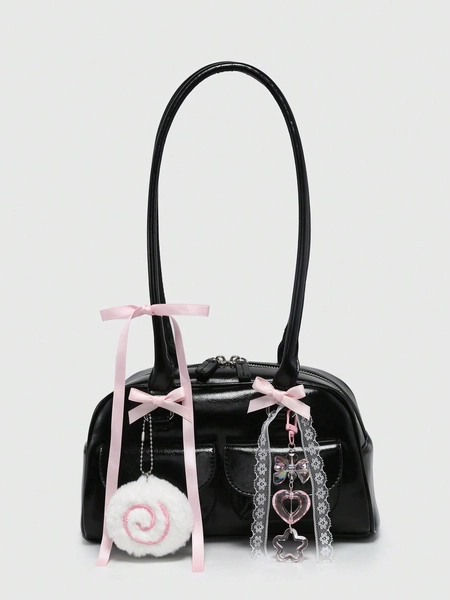 ROMWE Kawaii Bolso de hombro tipo Boston con múltiples bolsillos, con adorno de lazo a cuadros vintage, decoración de corazón de cereza y tachuelas, para mujer