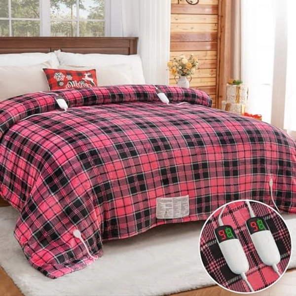 Heated Blanket Electric, Queen Size 84X90, Heating Blanket with 10 Heating Levels/8 Hours Auto Off/Dual Control for Bed, Pink Checkered Sherpa Blanket Warmer for Adults, Fast Heating, ETL & FCC