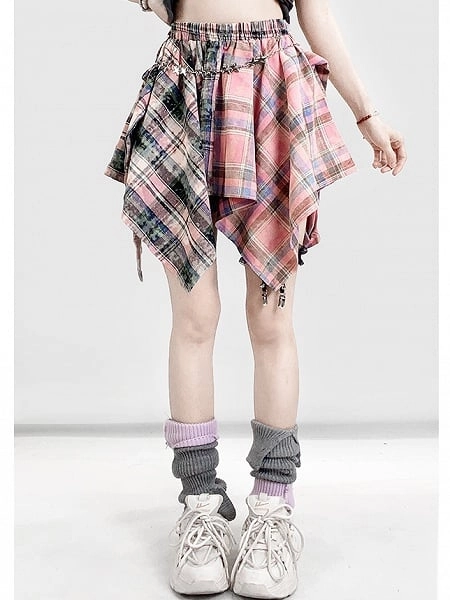 [$54.83]Pink Bittersweet Glamorous Plaid Pattern Handkerchief Hem Skirt