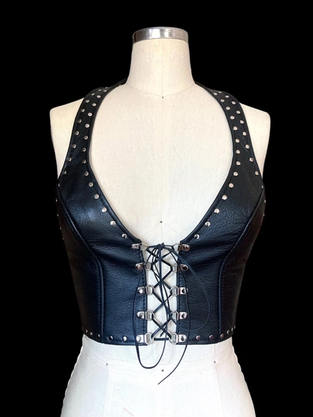 BARBY Studded Lace-Up Leather Halter Top