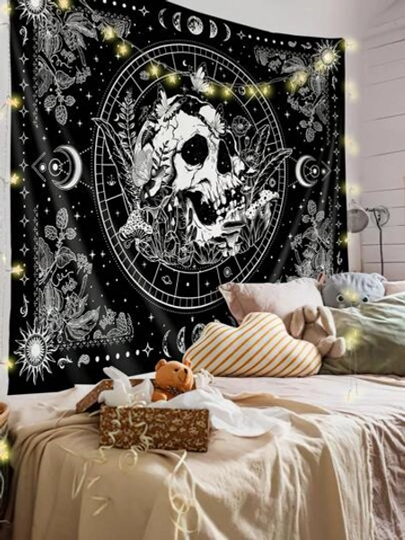 1pc Skull Flower Moon Phase Print Tapestry, Modern Polyester Fiber Square Wall Tapestry For Living Room Bedroom Decoration, Flag For Room, Room Decor, Tapestry, Wall Decor, Wall Art ,Room Stuffs, Flags For Room, Home Decor