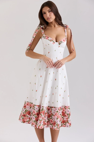 Emely White Floral Print Stretch Cotton Midi Sundress