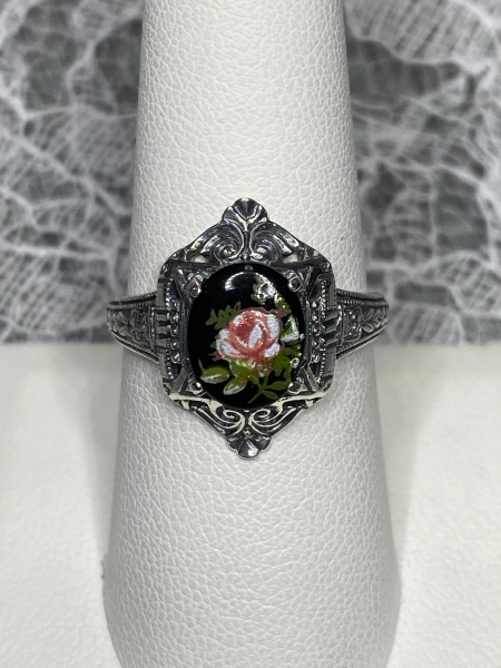 Floral Black & Pink Rose Cameo Ring/ Sterling Silver/ Painted Enamel Egyptian Filigree Classic Art Deco Jewelry [Custom Made] Design#209