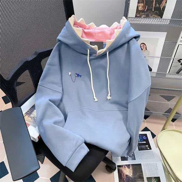 Cartoon Shark Brooch Pocketed Plush Hoodie