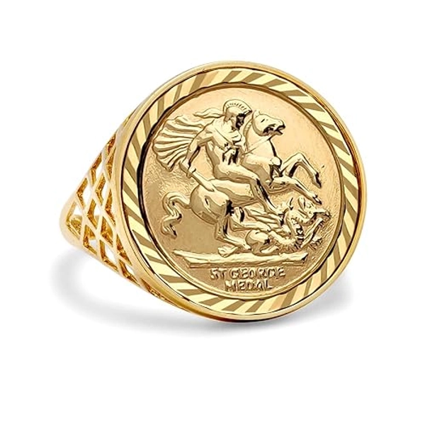 Jewelco London Men's Solid 9ct Yellow Gold St George Dragon Slayer Basket Full-Sovereign-Size Ring