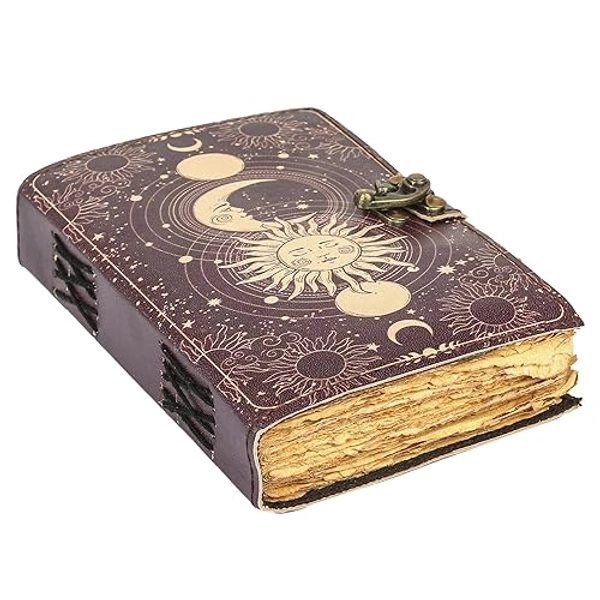 Sun & Moon Vintage Leather Journal for Men & Women 200 Pages of Antique Handmade Deckle Edge Vintage Paper, Leather Sketchbook, Drawing Journal, Printed leather Journal, Great Gift (7 x 5 Inch)