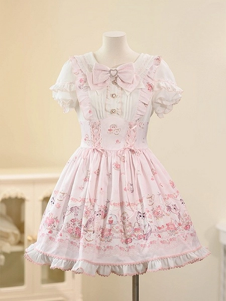 [£59.97]Pink Jirai Kei Cat Print Lace-up Details Pleating Design  Sweet Short Sleeves Dress